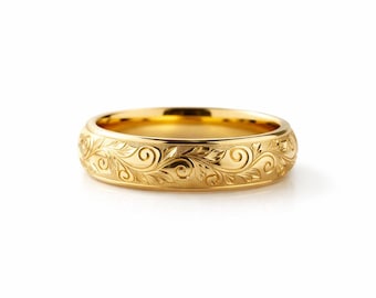 Anello nuziale in oro massiccio 14K con incisioni e fede nuziale in stile cupola in filigrana, stile Art Déco vintage, traforato e ispirato alle foglie, fede nuziale antica