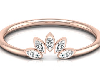 Art Deco Marquise Moissanite trouwring, vijf stenen jubileumring, 14K geelgouden markiezin verlovingsring, halve bloem diamanten ring