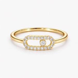 14K Gold Moissanite Diamond Link Ring Paper Clip Ring Floating Stone Statement Jewelry Minimal Stackable Band Anniversary Gift Women