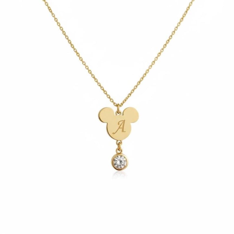 Collier Mickey Mouse personnalisé avec goutte de diamant, pendentif lettre inspiré de Disney en or 14 carats, cadeau bijoux prénom personnalisé délicat pour elle image 1