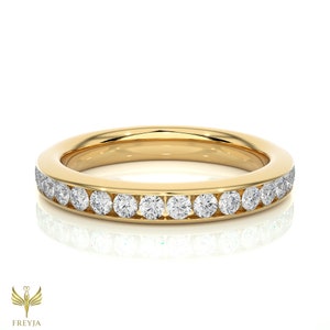 Handmade Full Eternity round Cut lab Diamond Engagement Ring, 14K Solid Gold Channel Set Wedding Band, Gift For Her