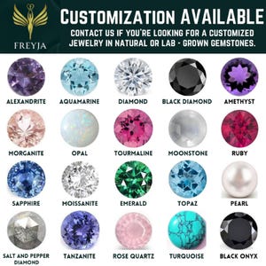 May include: A gemstone reference chart featuring twenty circular stones labeled with names including Alexandrite, Aquamarine, Diamond, Black Diamond, Amethyst, Morganite, Opal, Tourmaline, Moonstone, Ruby, Sapphire, Moissanite, Emerald, Topaz, Pearl, Salt and Pepper Diamond, Tanzanite, Rose Quartz, Turquoise, and Black Onyx. The text reads CUSTOMIZATION AVAILABLE. CONTACT US IF YOU'RE LOOKING FOR A CUSTOMIZED JEWELRY IN NATURAL OR LAB - GROWN GEMSTONES.