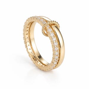 Anillo entrelazado de oro de 14 quilates, anillo conector de múltiples eslabones con diamantes cultivados en laboratorio, anillo de eternidad de dos eslabones, anillo apilable minimalista, anillo giratorio para ella.