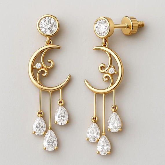 14K Gold Crescent Moon Dangle Earrings With Teardrop Diamond