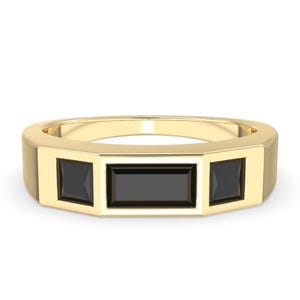Men&#39;s Wedding Band, Black Onyx Ring Men, Princess Cut Wedding Band, Black Onyx Baguette Ring, 14k Gold Band, Three Stone Band, Gift for him