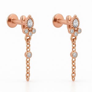 Dangling Lab Grown Diamond Cartilage Earrings | 10K 14K 18K Gold | Dainty Oval & Round Cut Helix Stud | Chain Drop Piercing Earrings