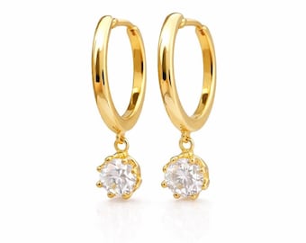 14K Gold Hoop Earrings With Dangle Round Solitaire Charm, Dainty Lab Grown Diamond Drop Hoop Earrings, Elegant Wedding Jewelry Gift For Her