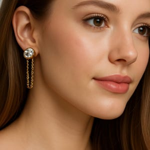 Dangling Lab Grown Diamond Cartilage Earrings | 10K 14K 18K Gold | Dainty Round Cut    Chain Stud Earrings | Chain Drop Piercing Earrings