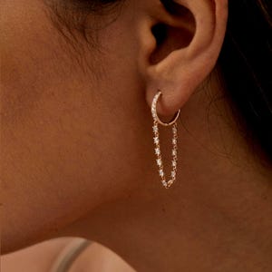 14K Gold Dangle Hoop Earrings | Lab Grown Diamond & Moissanite Drop Hoops | Modern Chain Earrings | Bridal And Gift Jewelry