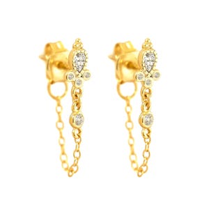 Orecchini a bottone con catena in oro vermeil 14 carati / Orecchini pendenti con diamanti e moissanite creati in laboratorio / Delicati orecchini da sposa / Regalo per lei