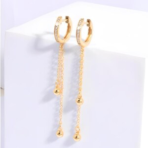 Dangle Beads Chain Huggie Earrings, 14K Yellow Gold Hoop Earrings Huggie Chain Earring, Minimalist Jewelry Special Gift For Christmas Day