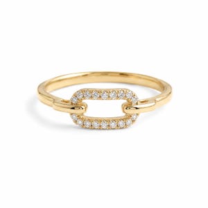 Anillo de eslabones de oro de 14 quilates con diamantes, anillo de cadena con diamantes cultivados en laboratorio y pavé, anillo minimalista tipo clip, delicado anillo de eslabones abiertos, joyería geométrica apilable.