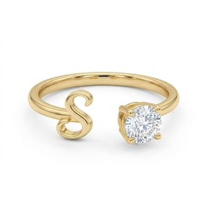 Anillo inicial de oro de 14 quilates con diamante cultivado en laboratorio, anillo tipo brazalete con letra personalizada, anillo con alfabeto ajustable abierto, joyería con nombre personalizado, regalo para damas de honor
