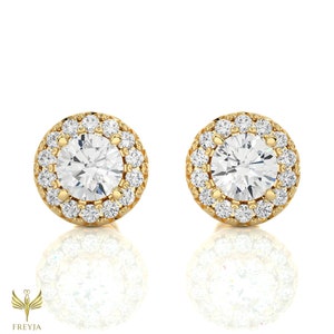 14K Gold Moissanite Halo Stud Earrings | Round Cut Minimalist Bridal Studs | Lab Diamond Wedding Earrings | Dainty Halo Jewelry Gift
