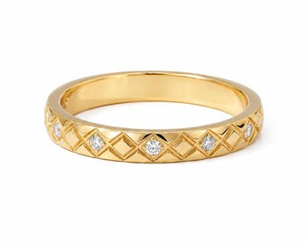 14K Gold Diamond Half Eternity Band, Lab Grown Diamond Pattern Ring, Dainty Stacking Geometric Wedding Band, Minimalist Anniversary Ring