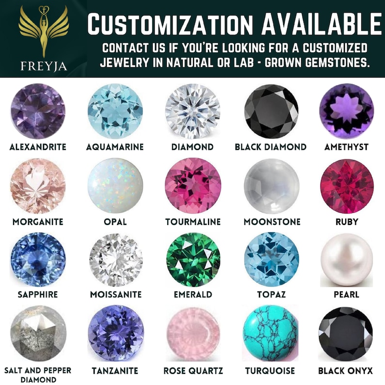 Peut inclure: Image promotionnelle pr&eacute;sentant diverses pierres pr&eacute;cieuses : alexandrite, aigue-marine, diamant, diamant noir, am&eacute;thyste, morganite, opale, tourmaline, pierre de lune, rubis, saphir, moissanite, &eacute;meraude, topaze, perle, diamant sel et poivre, tanzanite, quartz rose, turquoise et onyx noir. Texte : "PERSONNALISATION DISPONIBLE".
