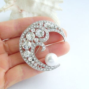 Wedding Bridal Rhinestone Crystal Half Moon Brooch Pendant Bouquet Pin P036K