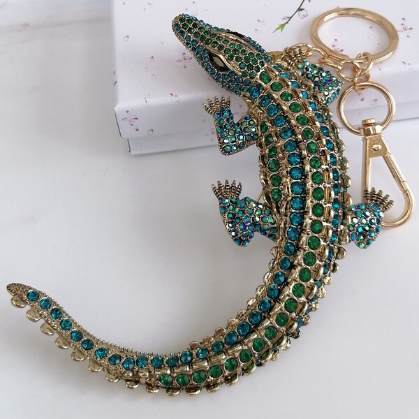 Porte-clés crocodile alligator porte-clés pendentif cristal bleu vert strass P048K