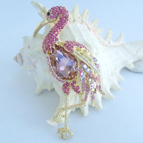 Broche flamant rose avec pendentif en cristal avec strass et oiseau animal P018K