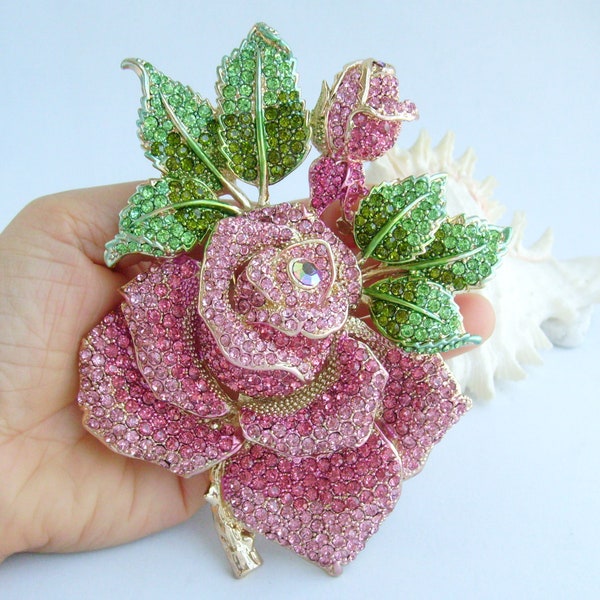 Gioielli da ballo splendido fiore rosa spilla pin ciondolo strass cristallo matrimonio nuziale P081