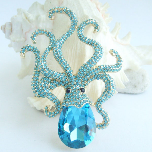 Fish Octopus Brooch Pendant Rhinestone Crystal Unique Animal Pin P008K