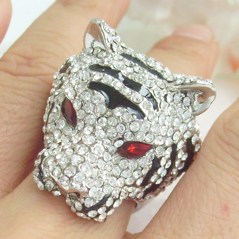 Unique Animal Tiger Cocktail Ring Austrian Crystal