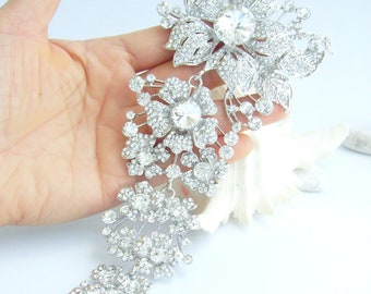 Rhinestone Crystal Elegant Long Flower Brooch Pendant Bouquet Pin Wedding Bridal Prom Jewelry P060K