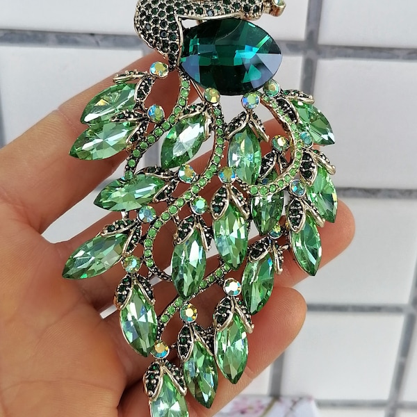 Green Rhinestone Crystal Peacock Broche Animal Bird Peafowl Pin Collar Keychain Pendant P021K