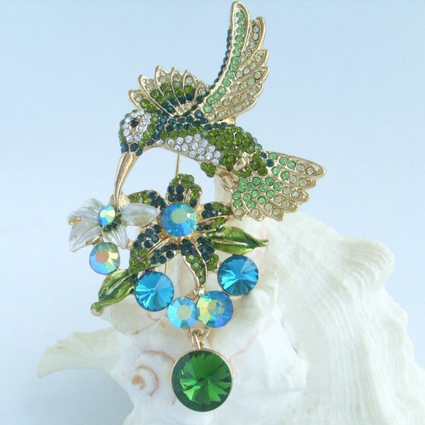 Unique Hummingbird Brooch Animal Bird Pin Rhinestone Crystal Pendant P025K