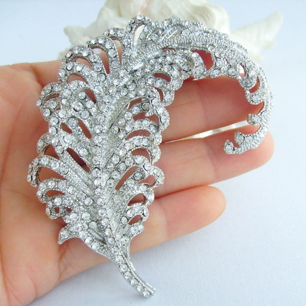 Wedding Bridal Rhinestone Crystal Feather Brooch Pendant Bouquet Pin P044K