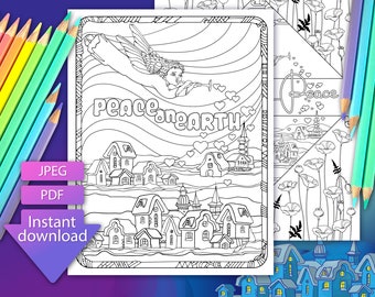 Peace coloring page. Coloring sheets Peace on Earth. Lineart magical angel. Digital  PDF JPG adult coloring pages printable. Earth angel art