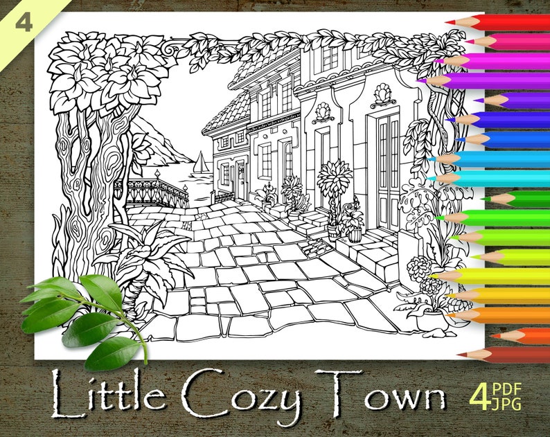 Little Cozy Town, Coloring Page, Printable Adult Coloring Books PDF