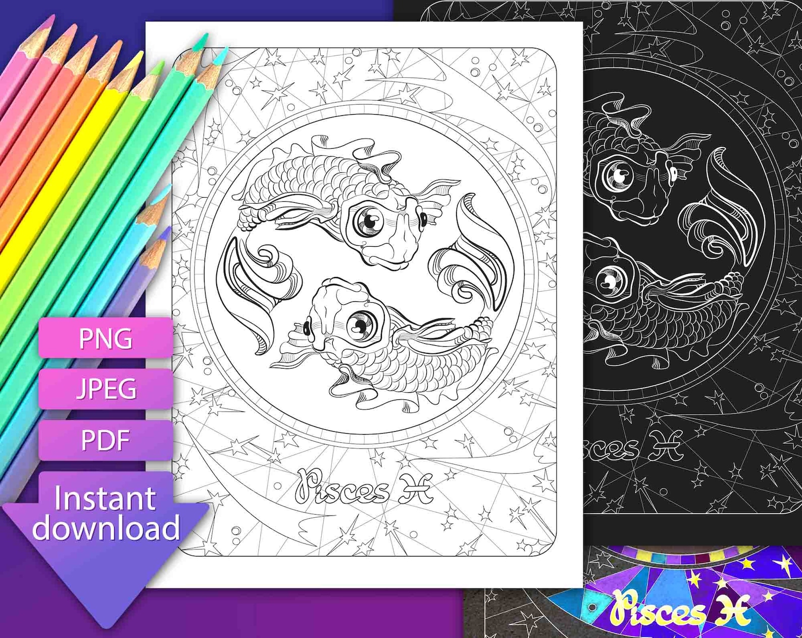 Pisces Zodiac Sign Printable Coloring Pages Adult. Astrology - Etsy