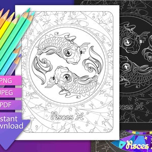 Pisces zodiac sign printable coloring pages adult. Astrology gift printables PDF. Coloring page Pisces charms. Instant download zodiac print
