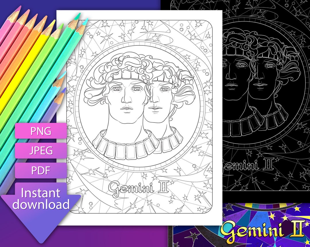 Gemini. Zodiac Sign Print. Coloring Page. Adult Coloring Books ...