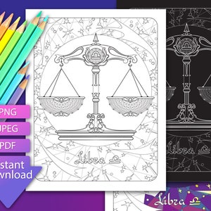 Libra zodiac sign coloring pages for adult. Astrology printable coloring books. Coloring page Libra charms. Instant download zodiac print.