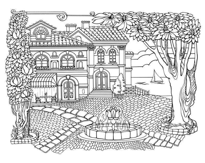 Little Cozy Town, Coloring Page, Printable Adult Coloring Books PDF