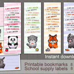 Ensemble de signets, cartes d'affirmation. Papeterie mignonne. Signets imprimables. Cadeaux d'accessoires livresques. Étiquettes de fournitures scolaires. Marque page animaux.