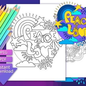 Peace & Liebe Ausmalbilder. Mandala zum Ausmalen, Malvorlage für Erwachsene. Zitat Ausmalbilder PDF. Digitales Blumen Malbuch druckbare Kunst.