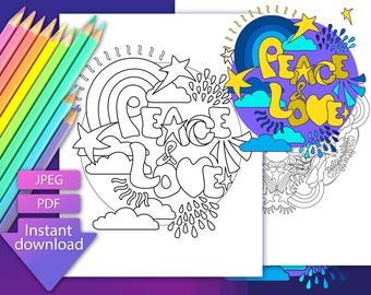 Peace & love coloring page. Coloring mandala, adult coloring sheet. Quote coloring pages PDF. Digital flower coloring book printable art.