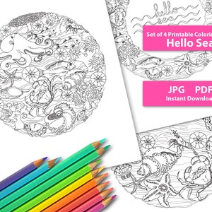 Hello sea coloring pages for adult. Ocean print. Coloring page with drawings fish, octopus. Instant download marine biology. Stress relief.