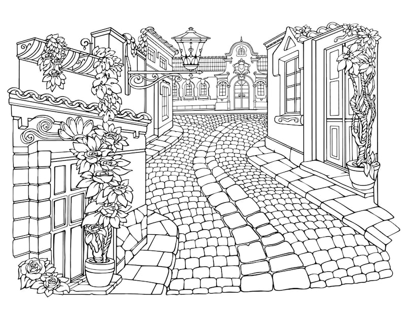 Little Cozy Town, Coloring Page, Printable Adult Coloring Books PDF