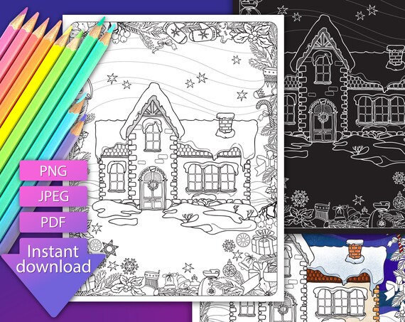 Weihnachtshäuser Ausmalseiten. Weihnachten Linie Kunst Stress | Etsy