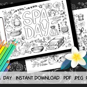 Spa coloring pages. Adult coloring books. Printables spa decor. Stress relief instant download. Spa relax unwind renew digital print