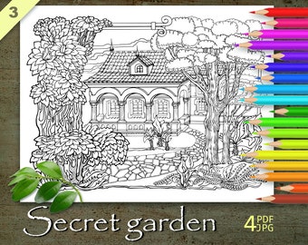 Secret Garden Coloring Page, Printable Adult Coloring Books PDF, Cozy Art Print, Coloring Sheets, Mandala Coloring, Quote Pages, JPG, PNG, 3