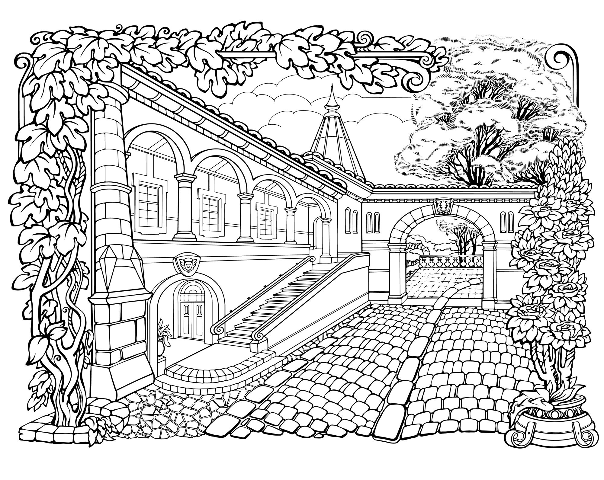 Small Cozy Town, Coloring Page, Printable Adult Coloring Books PDF