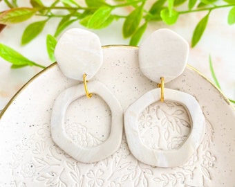 Cream Donut Cut Hexagon Dangles, Polymer Clay Earrings, Boho Style, Statement Earrings, Handmade Earrings, Birthday Gift for Wife