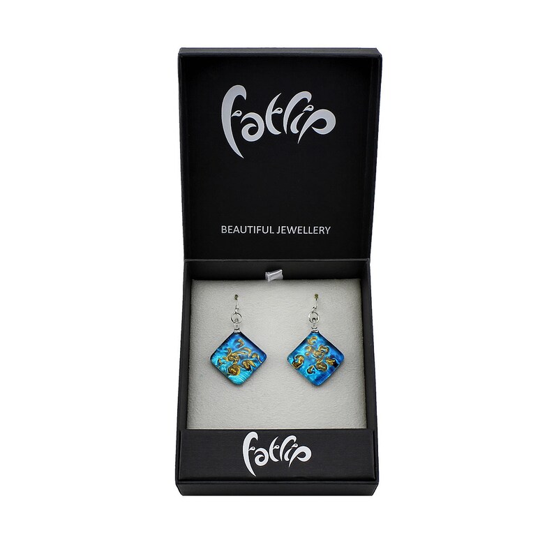 Handmade Glass Earrings Abstract Art Venetian Glass Blue Gold Colours Statement Jewellery