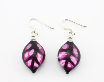 Pink Leaf Glass Earrings, Pink Earrings, Leaf Earrings, Glass Earrings