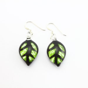 Green Leaf Pattern Glass Earrings, Green Earrings, Leaf Earrings, Glass Art